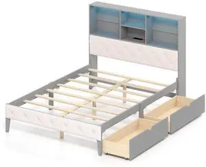 SlickBlue Frame with Bookcase Headboard and LED Lights