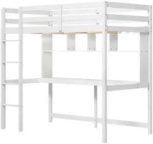 SlickBlue Loft Bed with Desk and Shelves for Home Dorm Apartment No Box Spring Needed-White