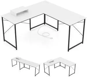 SlickBlue L-Shaped Computer Desk with Power Outlets and Monitor Shelf