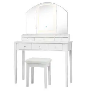 SlickBlue Vanity Table Stool Set with Large Tri-folding Lighted Mirror