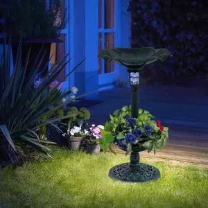 SlickBlue Solar Outdoor Bird Bath Feeder Combo with Flower Planter Pedestal and Solar Lights-Copper