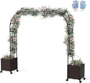 SlickBlue 6.6 Feet Garden Arch Trellis with 2 Planter Boxes and Lockable Wheels