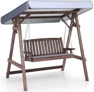 SlickBlue 2-Person Porch Swing with Fir Wood Stand and Tilt Canopy