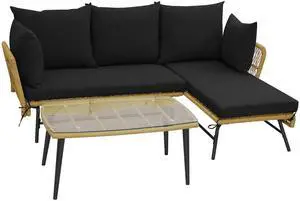SlickBlue 3 Pieces L-Shaped Patio Sofa with Cushions and Tempered Glass Table