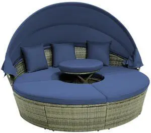 SlickBlue Outdoor PE Wicker Round Daybed with Retractable Canopy and Cushions