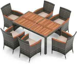 SlickBlue 7 Pieces Patio Acacia Wood Cushioned PE Rattan Wicker Dining Set