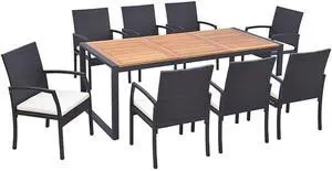 SlickBlue 9 Pieces  Patio Rattan Dining Set with Acacia Wood Table for Backyard  Garden-L-shaped Handrail