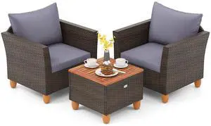 SlickBlue 3 Pieces Patio Rattan Bistro Furniture Set with Wooden Table Top