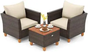 SlickBlue 3 Pieces Patio PE Wicker Furniture Set with Cushions and Acacia Wood Storage Coffee Table-Beige