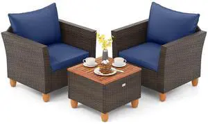 SlickBlue 3 Pieces Patio PE Wicker Furniture Set with Cushions and Acacia Wood Storage Coffee Table-Navy