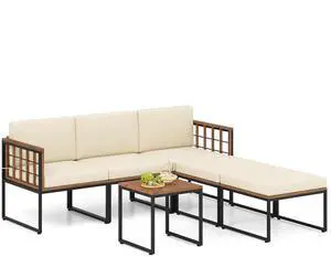 SlickBlue 6 Pieces Acacia Wood Patio Furniture Set with Coffee Table and Ottomans