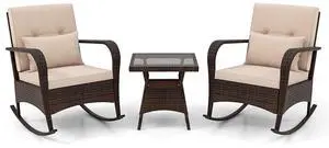 SlickBlue 3 Piece Outdoor Rocking Set with Tempered Glass Coffee Table for Backyard Poolside