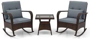 SlickBlue 3 Piece Outdoor Rocking Set with Tempered Glass Coffee Table for Backyard Poolside