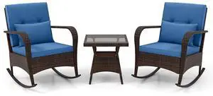 SlickBlue 3 Pieces Outdoor Rocking Set with Tempered Glass Coffee Table for Backyard Poolside