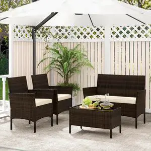 SlickBlue 4 Piece Patio Rattan Conversation Set with Cozy Seat Cushions