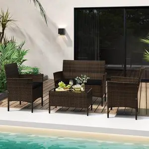 SlickBlue 4 Piece Patio Rattan Conversation Set with Cozy Seat Cushions