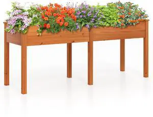 SlickBlue Fir Wood Outdoor Raised Garden Bed with Divider Panel and Drainage Holes