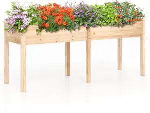 SlickBlue Fir Wood Outdoor Raised Garden Bed with Divider Panel and Drainage Holes