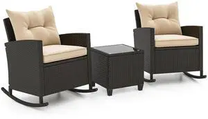 SlickBlue 3-Piece Patio Rattan Roker Chairs with Tempered Glass Table and Soft Cushions