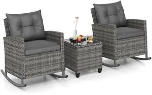 SlickBlue Patio Rattan Roker Chairs with Tempered Glass Table and Soft Cushions for Backyard  Poolside Porch