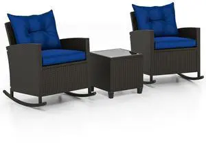 SlickBlue 3-Piece Patio Rattan Roker Chairs with Tempered Glass Table and Soft Cushions-Navy