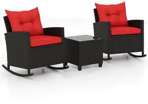 SlickBlue 3-Piece Patio Rattan Roker Chairs with Tempered Glass Table and Soft Cushions SlickBlue 3-Piece Patio Rattan Roker Chairs with Tempered Glass Table and Soft Cushions