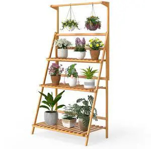 SlickBlue 3 Tier Bamboo Hanging Plant Stand with Height Adjustable Hanger Rod