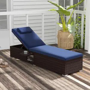 SlickBlue Outdoor PE RattanChaise Lounge with 6-level Backrest-Navy