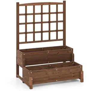 SlickBlue Raised Garden Bed with Trellis 2-tier Wood Planter Box with Drainage Holes