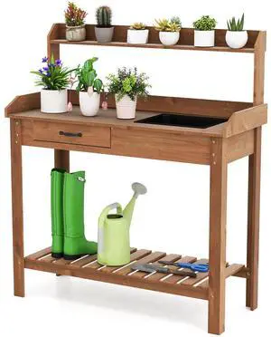 SlickBlue Outdoor Wooden Garden Table Work Station with Storage Shelves and Drawer