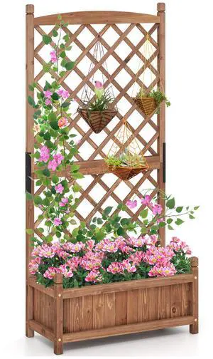 SlickBlue 60 Inch Tall Raised Garden Bed with Diamond Lattice Trellis and Drainage Holes