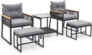 SlickBlue 5 Piece Outdoor Rattan Conversation Set with 2-Layer Side Table and 2 Ottomans
