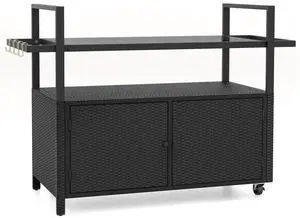 SlickBlue Outdoor Bar Cart Wicker Buffet Serving Cart with Cabinet and 8 Hooks
