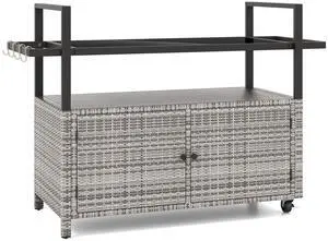 SlickBlue Outdoor Bar Cart Wicker Buffet Serving Cart with Cabinet and 8 Hooks
