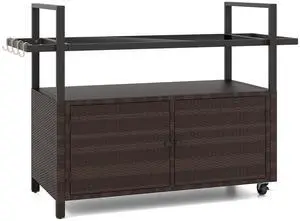 SlickBlue Outdoor Bar Cart Wicker Buffet Serving Cart with Cabinet and 8 Hooks