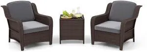 SlickBlue 3 Pieces Outdoor Rattan Furniture Set with Cushions and Tempered Glass Coffee Table