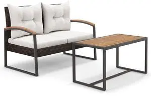 SlickBlue 2 Pieces Patio PE Wicker Furniture Set with Acacia Wood Coffee Table