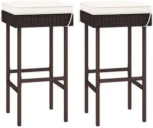 SlickBlue Patio Rattan Barstools Set of 2 with Footrest and Soft Cushions for Backyard Balcony