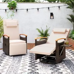 SlickBlue Patio Rattan 360° Swivel Recliner Chair with Adjustable Backrest and Footrest-Beige