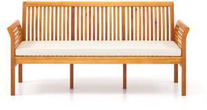 SlickBlue 62.5 Inches Patio 3-Seat Wood Bench with Soft Seat Cushions
