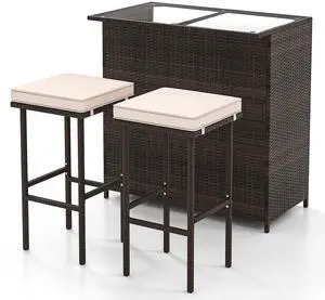 SlickBlue 3 Pcs Patio Bar Set with Tempered Glass Tabletop