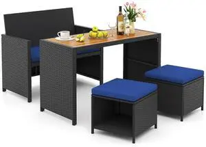 SlickBlue 4 Piece Outdoor Dining Set with Wood Topped Dining Table  Rattan Loveseat Chair and 2 Ottomans