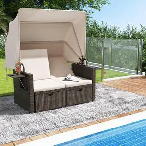 SlickBlue Outdoor Patio Rattan Daybed with Retractable Canopy and Adjustable Backrests-Beige