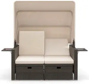 SlickBlue Outdoor Patio Rattan Daybed with Retractable Canopy and Adjustable Backrests