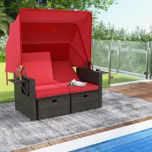 SlickBlue Outdoor Patio Rattan Daybed with Retractable Canopy and Adjustable Backrests-Red