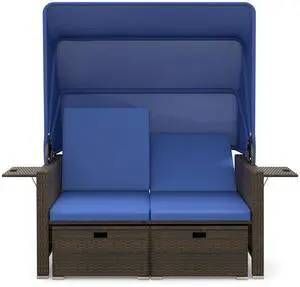 SlickBlue Outdoor Patio Rattan Daybed with Retractable Canopy and Adjustable Backrests