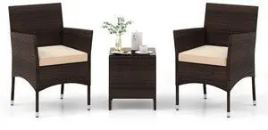 SlickBlue 3 Pieces Outdoor Conversation Set with Cushioned Seat and Glass Tabletop