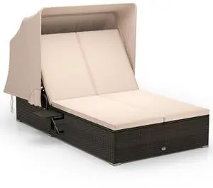 SlickBlue Patio Double Chaise Lounge with Shade Cushions and Folding Side Trays