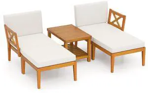 SlickBlue 5 Pieces Acacia Wood Patio Chaise Lounge Chair Set with Ottoman and Cushions