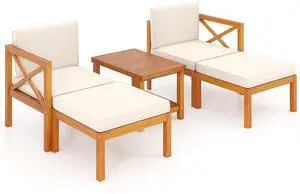 SlickBlue 5 Pieces Acacia Wood Patio Lounge Chair Set with Ottomans and Cushions